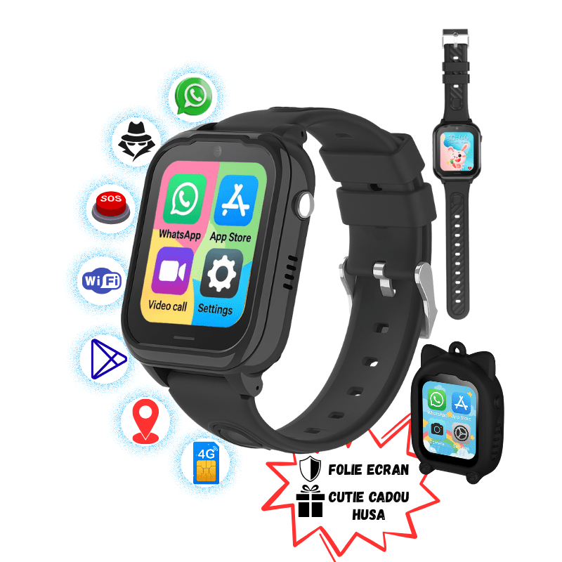 Smartwatch pentru Copii cu Cartela SIM, GPS, Mod Spion, Camera, Apel Video GITECH G28 Smartwatch pentru Copii 4G cu Cartela SIM, GPS, WhatsApp, Mod Spion, SMS, Buton SOS, Camera, GITECH® G28, Husa cu Snur Cadou, Negru - imagine 1