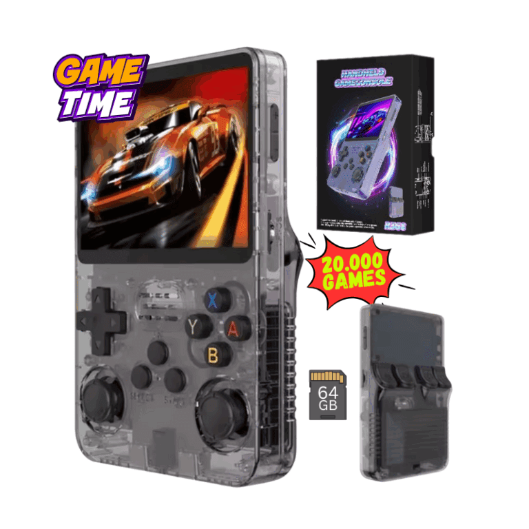 consolă retro portabilă GITECH Retro64 mov transparent cu 20.000 jocuri preinstalate și card 64GB, ecran IPS 3.5 inch, baterie 3500mAh