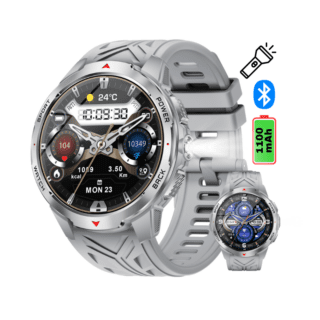 smartwatch bărbați argintiu GITECH Flash cu apeluri bluetooth lanternă baterie mare