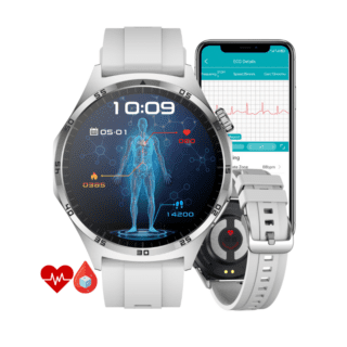 smartwatch argintiu cu monitorizare glicemie, ECG, SpO2, tensiune arterială și apeluri Bluetooth