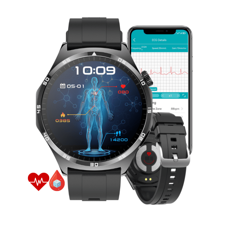 smartwatch negru cu măsurare glicemie, ECG, SpO2, tensiune arterială și apeluri Bluetooth