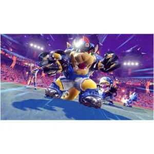 Orice merge pe acest teren! Cel mai recent joc din seria Mario Strikers vine pe Nintendo Switch! Pregatiti-va pentru Strike, un sport de cinci la cinci precum fotbalul, care este foarte greu in atac. Tinteste spre goluri prin dribling si pase catre coechipieri, precum si folosind tackle, obiecte si lovituri speciale zdrobitoare. Personalizati-va echipa dupa cum credeti de cuviinta, echipandu-le cu echipamente care le schimba nu numai aspectul, ci si statistici precum viteza, puterea si precizia paselor. Pana la opt jucatori – patru jucatori din fiecare echipa – pot concura unul impotriva celuilalt pe o singura consola Nintendo Switch*. Pe langa meciurile individuale, jocul online va avea modul Strikers Club**, care permite 20 de jucatori sa se alature si sa concureze pentru a deveni cel mai bun club din lume.